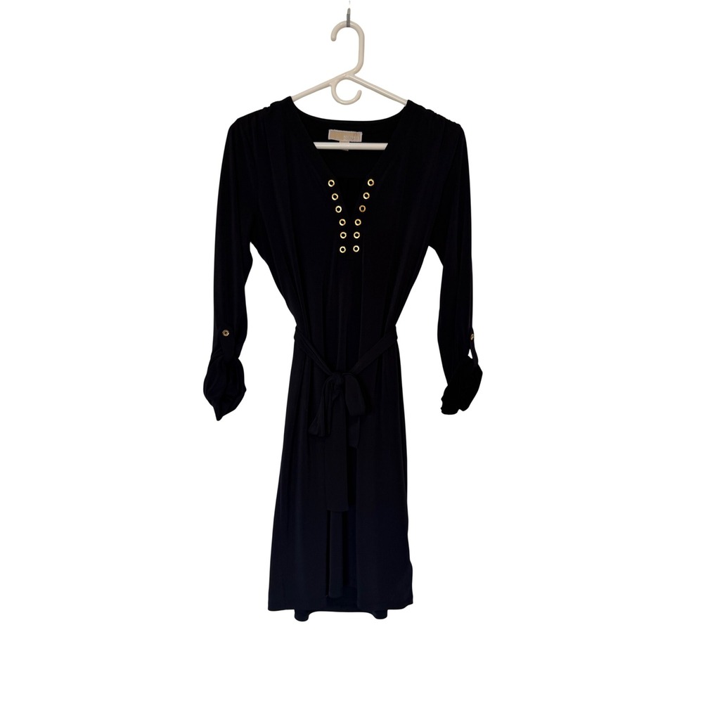Michael Kors Black Grommet Dress Jersey Knit Tie Waist Professional Chic S